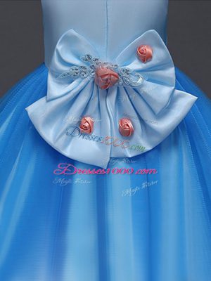 Blue Sleeveless Hand Made Flower Mini Length Flower Girl Dresses