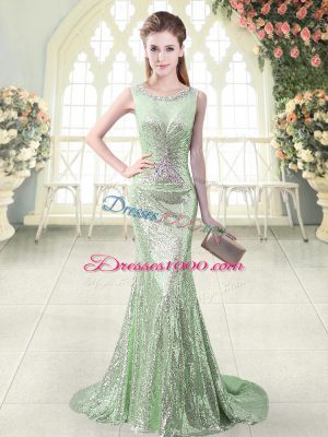 Apple Green Sleeveless Sequined Brush Train Zipper Prom Party Dress for Prom and Party and Military Ball