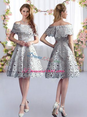 High Quality Grey A-line Lace Quinceanera Dama Dress Zipper Short Sleeves Knee Length