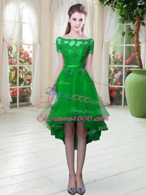 Off The Shoulder Short Sleeves Prom Dress High Low Appliques Green Tulle