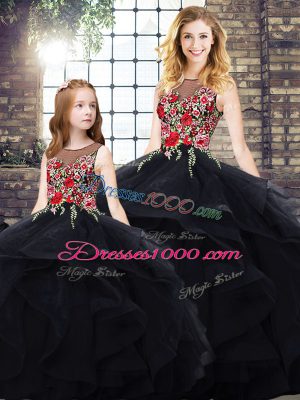 Latest Black Ball Gowns Beading and Embroidery 15 Quinceanera Dress Lace Up Tulle Sleeveless Floor Length