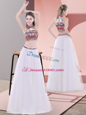Custom Designed Two Pieces Dress for Prom White High-neck Tulle Sleeveless Floor Length Lace Up