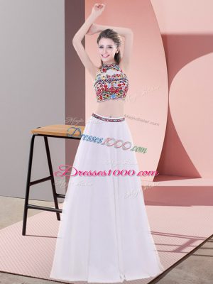 Custom Designed Two Pieces Dress for Prom White High-neck Tulle Sleeveless Floor Length Lace Up