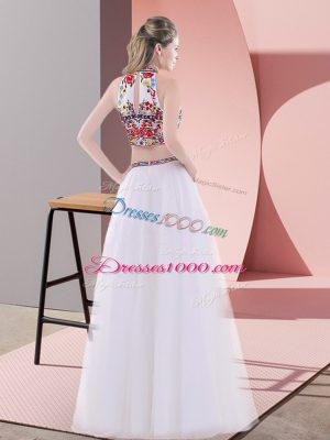 Custom Designed Two Pieces Dress for Prom White High-neck Tulle Sleeveless Floor Length Lace Up