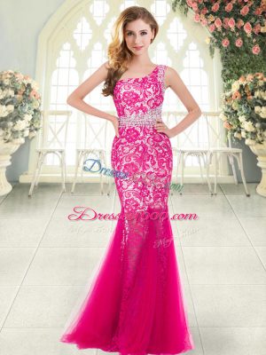Hot Pink Sleeveless Floor Length Beading and Lace Zipper Evening Dress