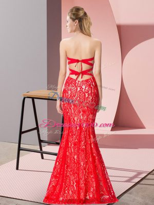 Floor Length Backless Evening Outfits Red for Prom and Party with Beading