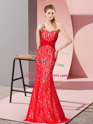 Floor Length Backless Evening Outfits Red for Prom and Party with Beading