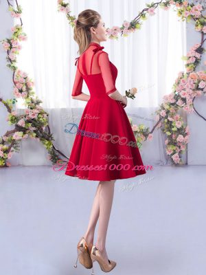 Red Half Sleeves Knee Length Ruching Zipper Bridesmaid Dresses