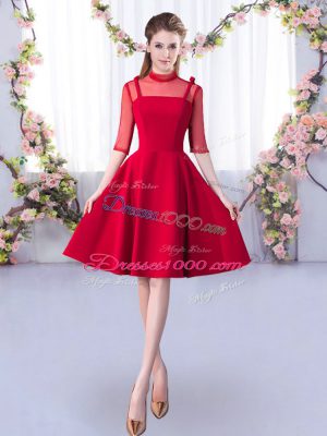 Red Half Sleeves Knee Length Ruching Zipper Bridesmaid Dresses