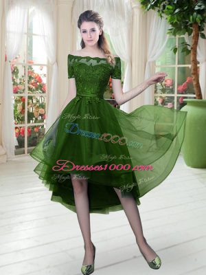 Lovely Short Sleeves High Low Lace Lace Up Prom Dresses with Green