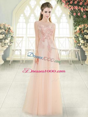 Floor Length Pink Evening Dress Tulle Sleeveless Beading and Lace and Appliques