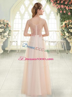 Floor Length Pink Evening Dress Tulle Sleeveless Beading and Lace and Appliques