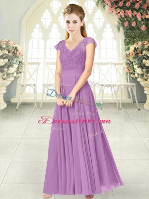 Lovely Lilac Empire V-neck Cap Sleeves Chiffon Ankle Length Zipper Lace Prom Party Dress