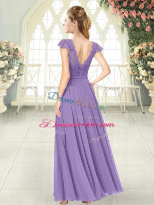 Lovely Lilac Empire V-neck Cap Sleeves Chiffon Ankle Length Zipper Lace Prom Party Dress