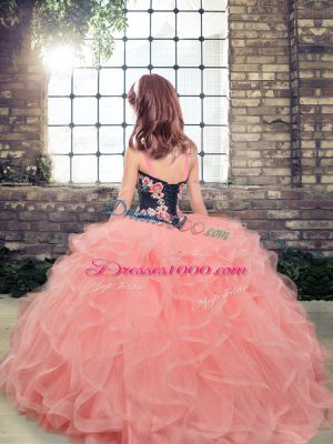 Sweet Champagne Sleeveless Embroidery and Ruffles Floor Length Pageant Dress for Girls