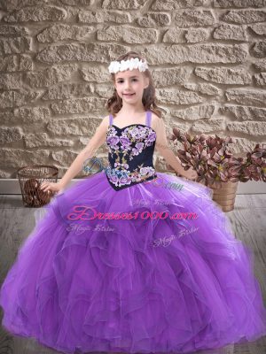 Inexpensive Purple Tulle Lace Up Straps Sleeveless Floor Length Pageant Gowns Embroidery and Ruffles
