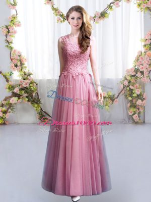 Pink Empire Lace Bridesmaid Dresses Lace Up Tulle Sleeveless Floor Length