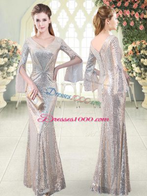 Silver Mermaid V-neck Long Sleeves Sequined Floor Length Ruching Prom Dresses