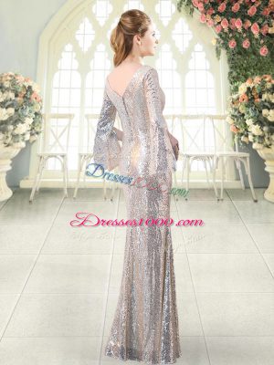 Silver Mermaid V-neck Long Sleeves Sequined Floor Length Ruching Prom Dresses