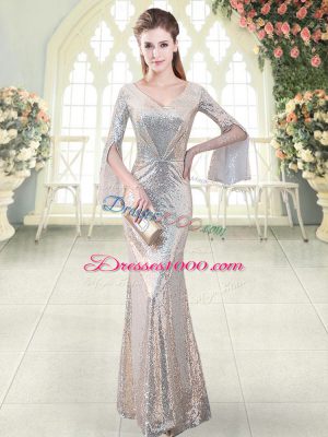 Silver Mermaid V-neck Long Sleeves Sequined Floor Length Ruching Prom Dresses