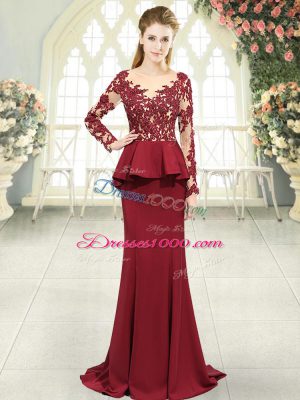 Red Long Sleeves Lace and Appliques Zipper Evening Party Dresses