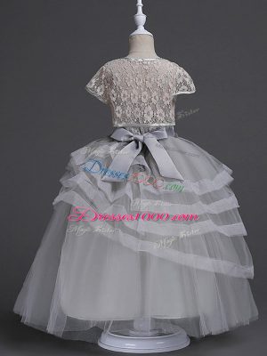 Grey Sleeveless Floor Length Appliques and Ruffled Layers Zipper Flower Girl Dress