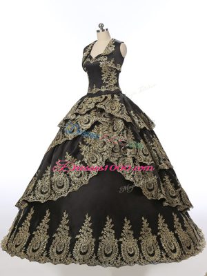 Free and Easy Black Sleeveless Satin Lace Up Quinceanera Dresses for Military Ball and Sweet 16 and Quinceanera