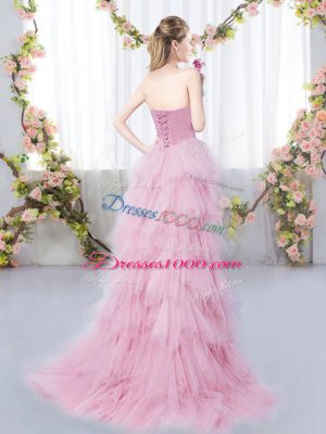 Sleeveless High Low Beading and Ruffles Lace Up Quinceanera Dama Dress with Pink