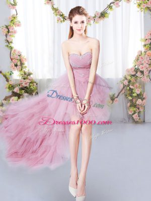 Sleeveless High Low Beading and Ruffles Lace Up Quinceanera Dama Dress with Pink