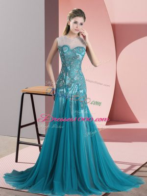 Unique Teal Backless Scoop Beading and Appliques Prom Dress Tulle Sleeveless Sweep Train