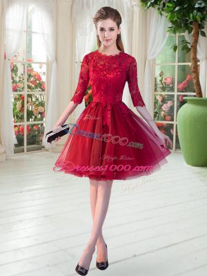 Wine Red A-line Lace Prom Dress Zipper Tulle Half Sleeves Knee Length