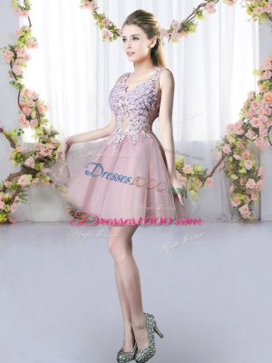 A-line Bridesmaid Dresses Pink V-neck Tulle Sleeveless Mini Length Lace Up