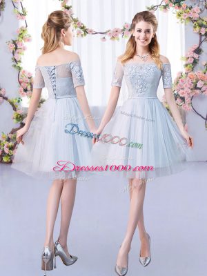 Lovely Grey Lace Up Off The Shoulder Lace Quinceanera Court Dresses Tulle Short Sleeves