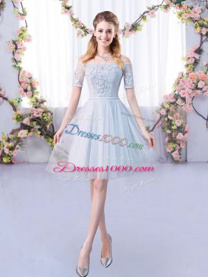 Lovely Grey Lace Up Off The Shoulder Lace Quinceanera Court Dresses Tulle Short Sleeves