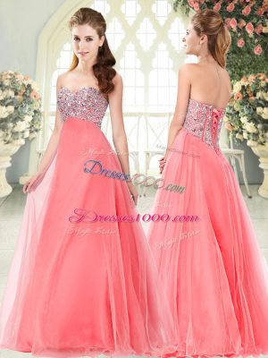 Watermelon Red Formal Evening Gowns Prom and Party with Beading Sweetheart Sleeveless Lace Up