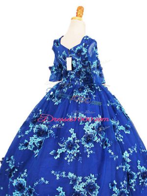 Blue Ball Gowns Tulle V-neck Half Sleeves Beading and Appliques Zipper Pageant Gowns Brush Train