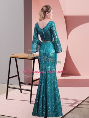 Floor Length Teal Prom Dress Sequined Long Sleeves Belt