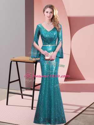 Floor Length Teal Prom Dress Sequined Long Sleeves Belt