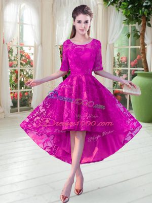 Fuchsia A-line Lace Prom Evening Gown Zipper Half Sleeves High Low