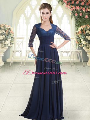 Satin Sweetheart Long Sleeves Sweep Train Zipper Pick Ups Prom Dress in Blue