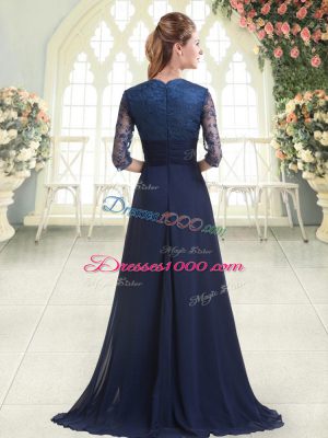 Satin Sweetheart Long Sleeves Sweep Train Zipper Pick Ups Prom Dress in Blue