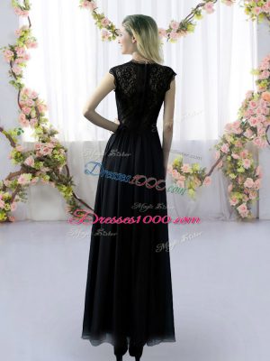 Gorgeous Floor Length Empire Cap Sleeves Black Wedding Party Dress Zipper