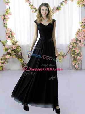 Gorgeous Floor Length Empire Cap Sleeves Black Wedding Party Dress Zipper