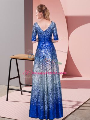 Adorable Empire Prom Dress Royal Blue V-neck Sequined Half Sleeves Floor Length Zipper