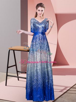 Adorable Empire Prom Dress Royal Blue V-neck Sequined Half Sleeves Floor Length Zipper