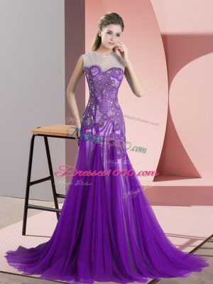 Tulle Scoop Sleeveless Sweep Train Backless Appliques Prom Gown in Purple
