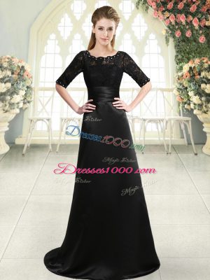 Discount Half Sleeves Sweep Train Lace Up Beading and Appliques Dress for Prom