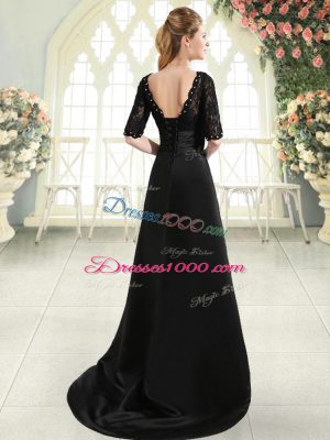 Discount Half Sleeves Sweep Train Lace Up Beading and Appliques Dress for Prom