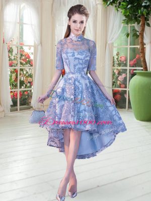 Gorgeous High-neck Half Sleeves Lace Up Appliques Prom Dresses in Blue