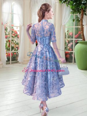 Gorgeous High-neck Half Sleeves Lace Up Appliques Prom Dresses in Blue